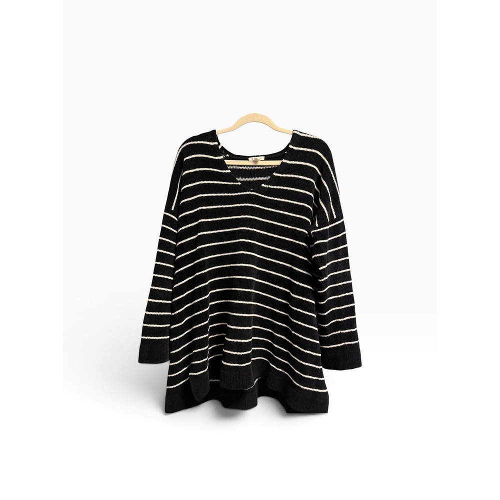 Eileen Fisher Organic Cotton Striped V-Neck Sweater Black White XL Italian Yarn